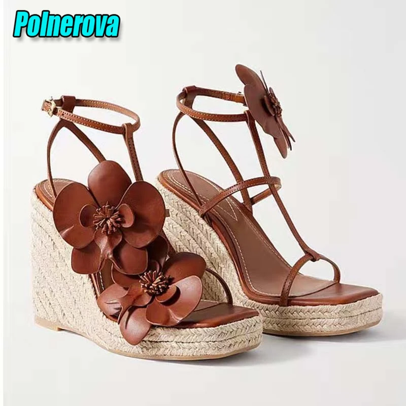 

Flower Decor Grass Woven Wedge Sandals Summer New Platform Square Toe T-Strap High Heels Elegant Ankle Buckle Dress Women Shoes