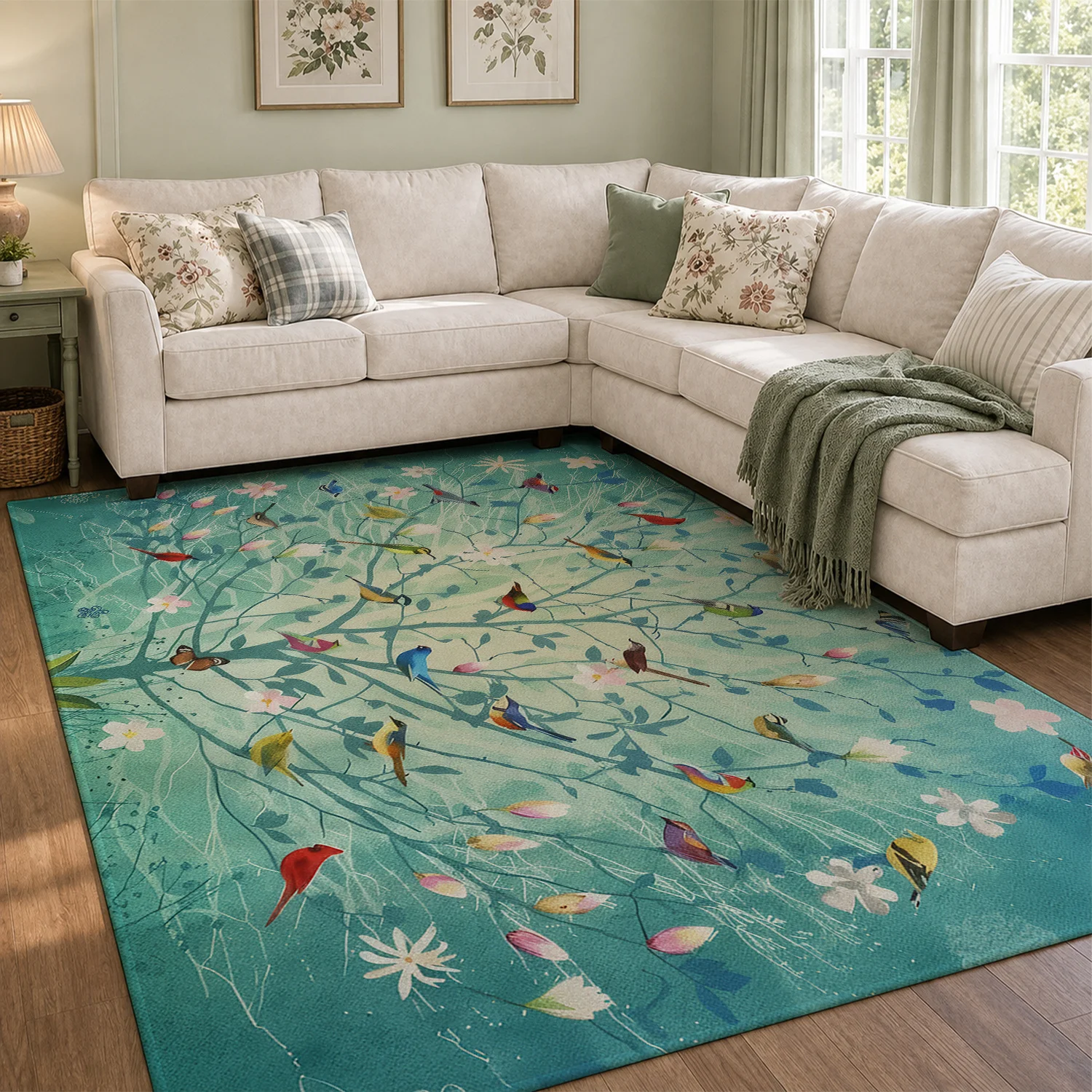 Large Indoor Area Rug, Soft Velvet Low Pile Non-slip Dotted Backing, Machine Washable Teal Nature Tree Branch Bird Floral Print, Suitable for Living Room, Bedroom, Entryway Home Decor