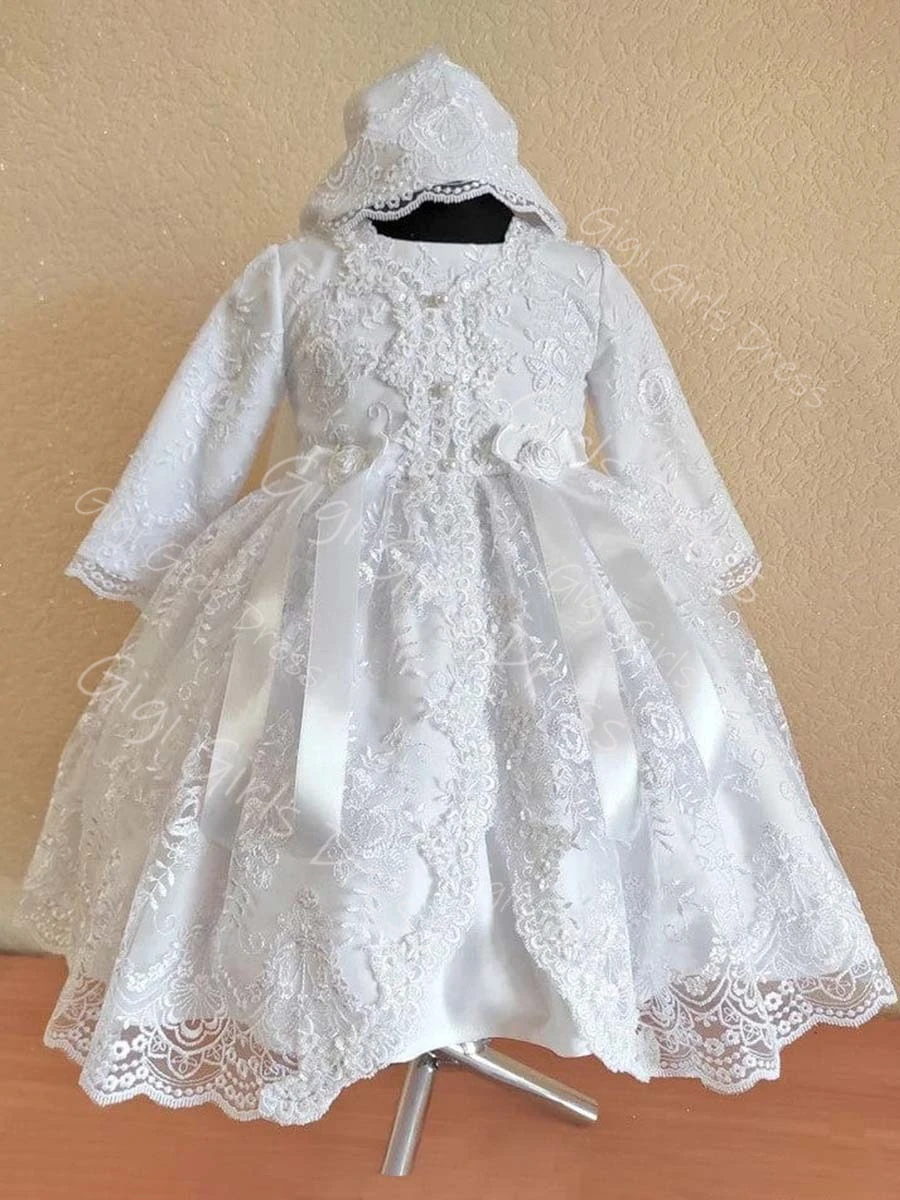 Newborns Christening Dress Tiered Lace Full Sleeves Baptism Dress with Ribbons Infants Custom Formal Party Gown for Flower Girls
