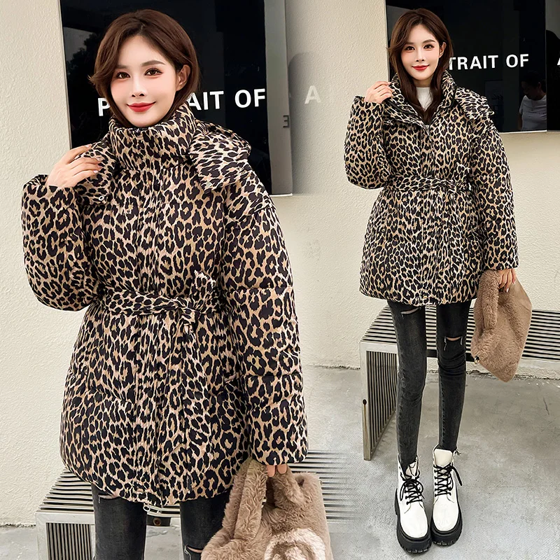 

Women's Mid-Length Thiened down Cotton Jaet 2024 Winter Korean Sle Loose Coat with Belt Spot Pattern Long Sve