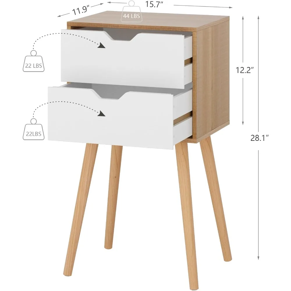 Nightstands Set of 2, Night Stand with Drawers, Bedside Tables with Solid Wood Legs and Large Storage Space, End Table