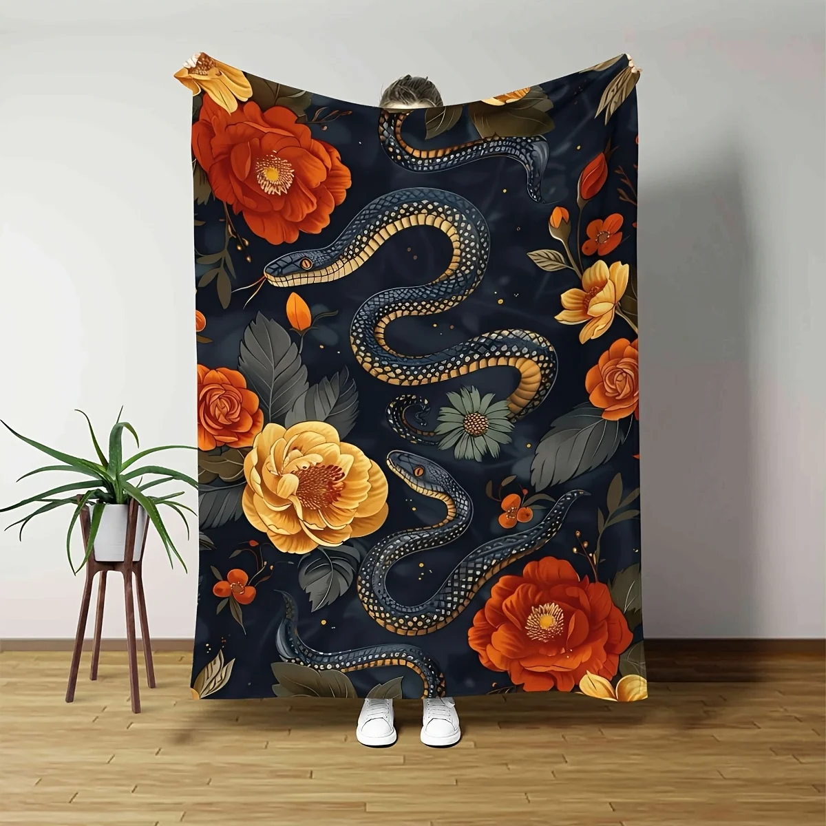 Vintage Black Snake & Floral Print Flannel Blanket - Soft All-Season Throw with Vibrant Orange/Yellow/Green on Dark Background,