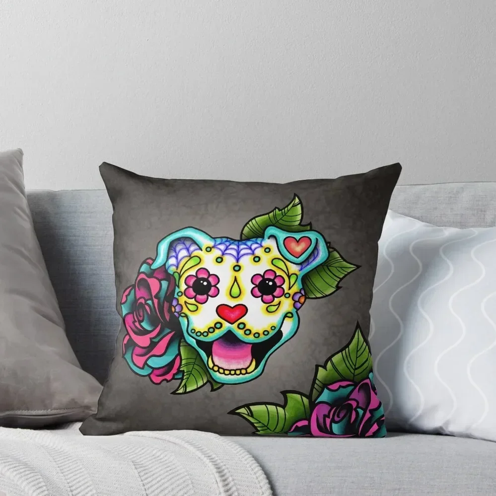 Smiling Pit Bull in White - Day of the Dead Pitbull - Sugar Skull Dog Throw Pillow Sofa Cushions autumn decoration pillow