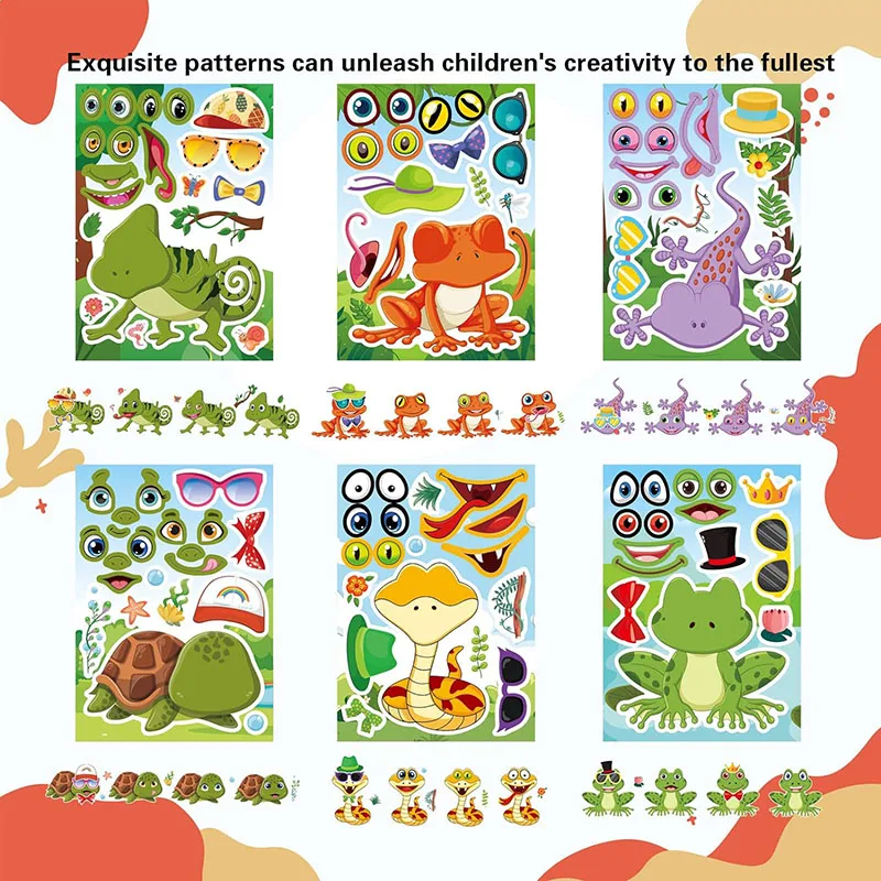 Creative Make-a-face Sticker for Kids DIY Make Your Own Snakes Lizards Frogs Turtles Reptile Animal Puzzle Stickers Children Toy