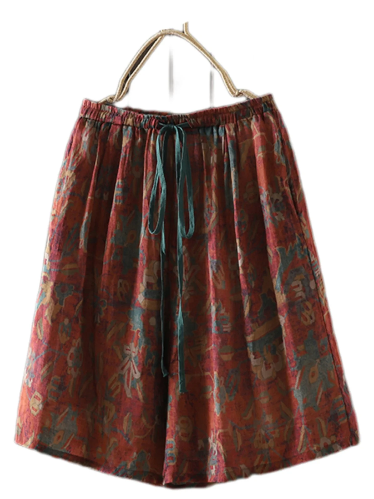 Pantalones cortos con cintura elástica y estampado de flores para mujer, pantalones cortos rectos de cintura alta y pierna ancha de media longitud, pantalones Vintage para mujer