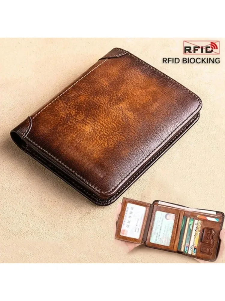 小物 Middle Leather Wallet Men Wallet Genuine Leather Rfid Blocking Trifold Wallet Vintage