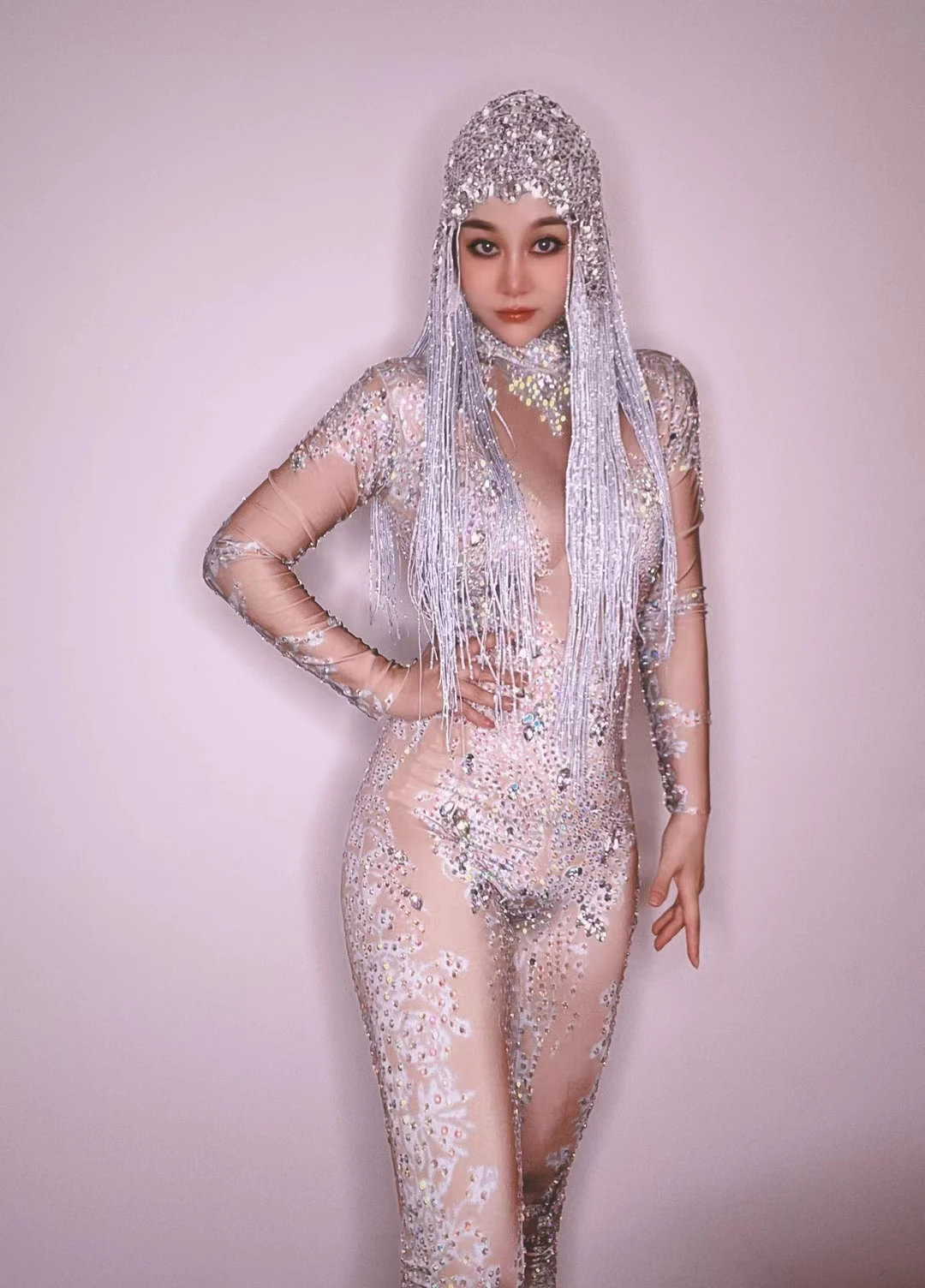 

Flashing Silver Rhinestones Spandex JumpsuitBirthday Celebrate Bar Outfit Women Singe B045