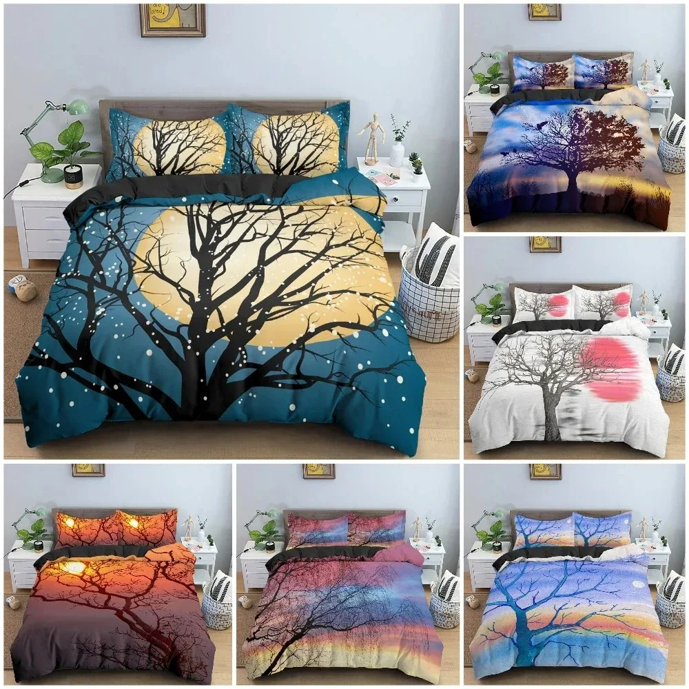 

3D Landscape Duvet Cover Bedroom Decor Luxury Bedding Set Tree Silhouette Against Sunset Sky Quilt Cover King Twin Single