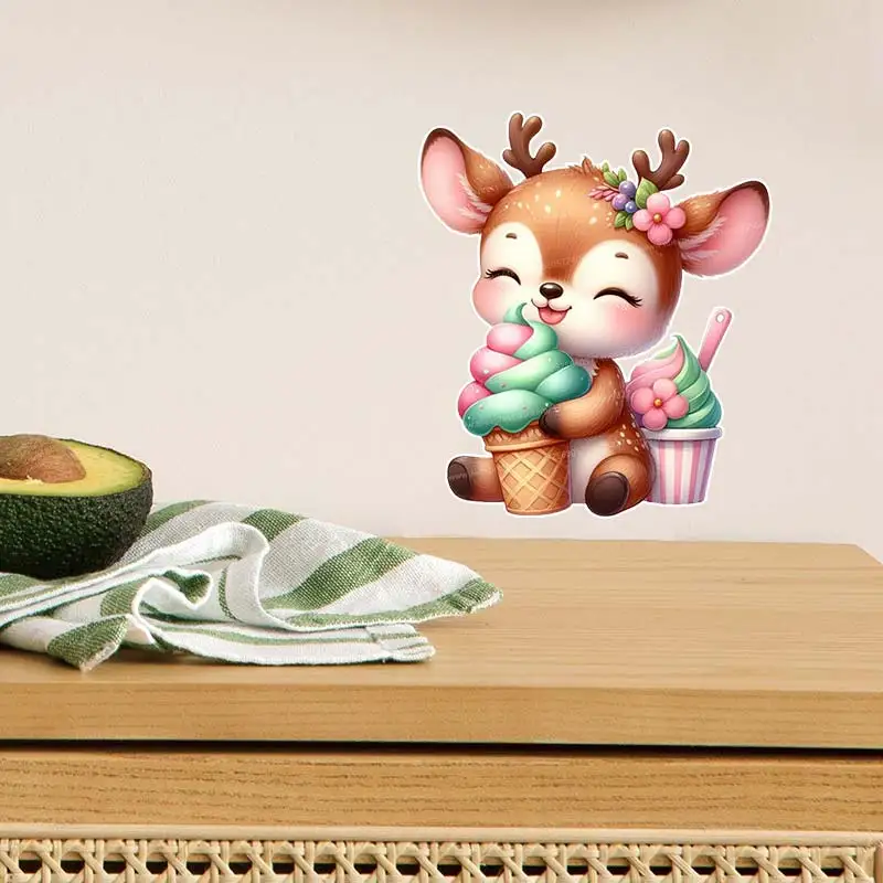 Cute Rabbit Deer Penguin With Ice Cream Wall Sticker Kids Room Cabinet Bedroom Refrigerator Home Decoration Animal Decals S310