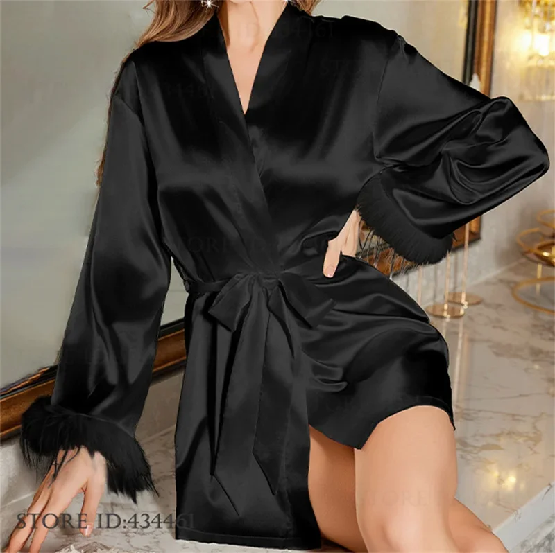 Ice Silk Kimono Bathrobe Gown Sleepwear Luxury Feathers Bride Bridesmaid Wedding Robe Dress Loose Casual Home Clothes Nightgown