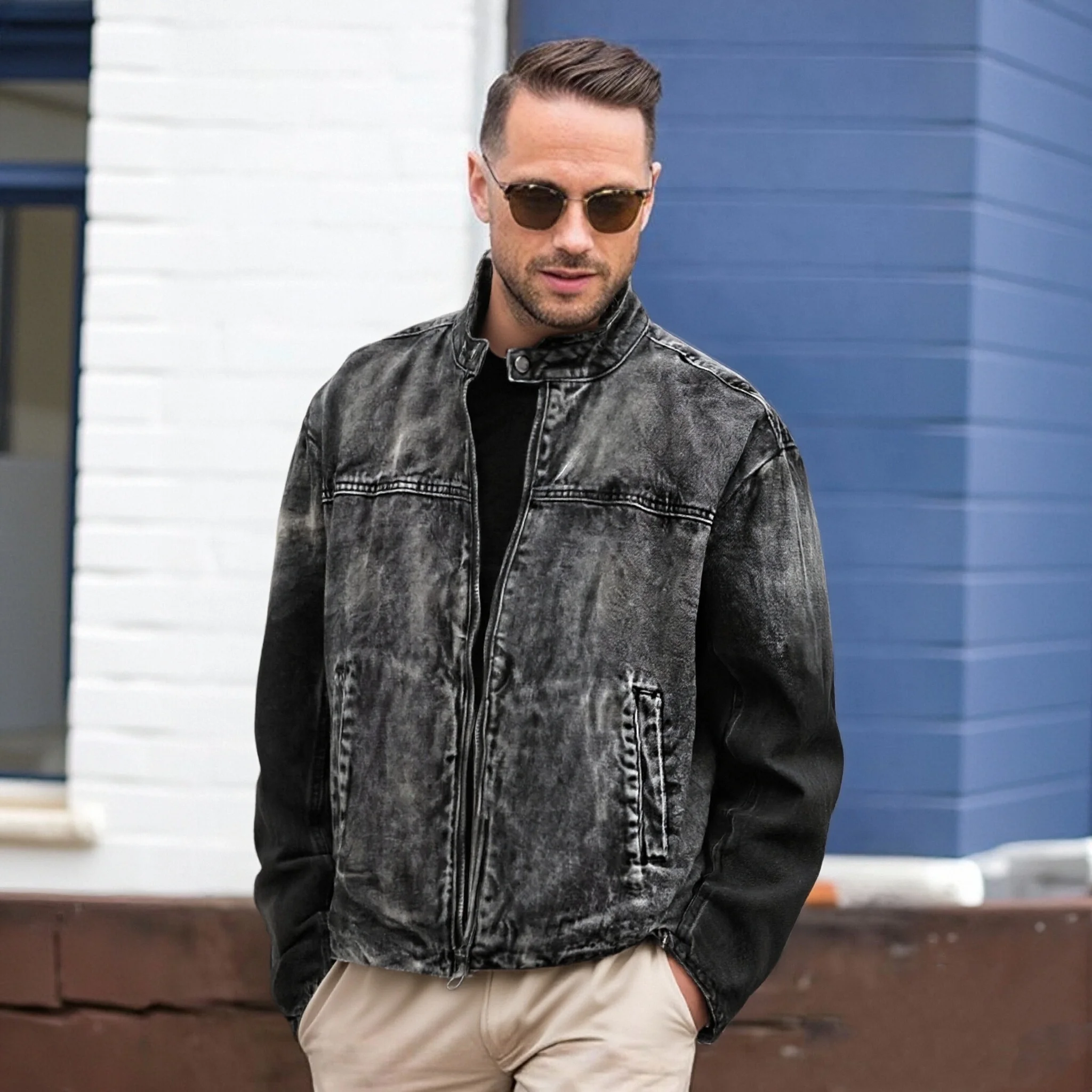 سترة من قماش الدنيم ذات ياقة ثابتة سهلة النجاح للرجال سترة سميكة من القطن الأسود المغسول