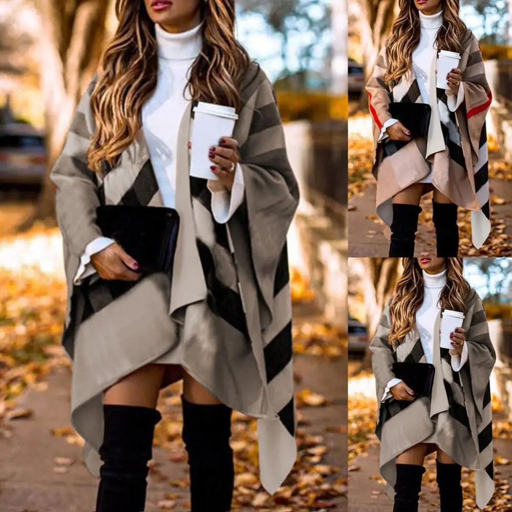 

Auutmn Winter Fashion Casual Batwing Fluffy Sleeve Overcoat Women Elegant Knitted Color Block Capes Lady Irregular Ponchos Scarf