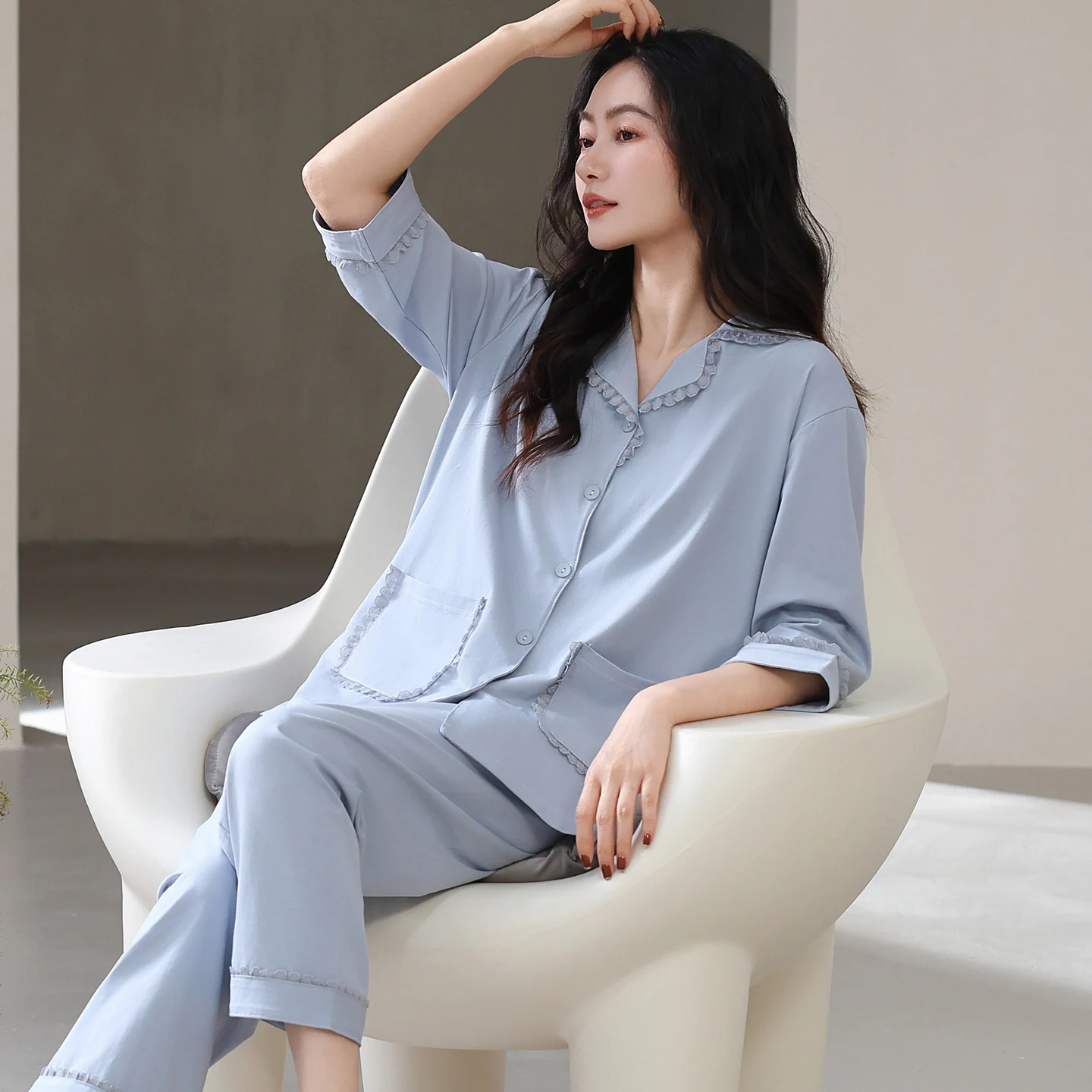 

Lace Pajamas Women Home Clothes Set Outfits Fashion Three-Quarter Sleeve Top+Ankle-Length Pants Spring Cotton Cardigan Sleepwear