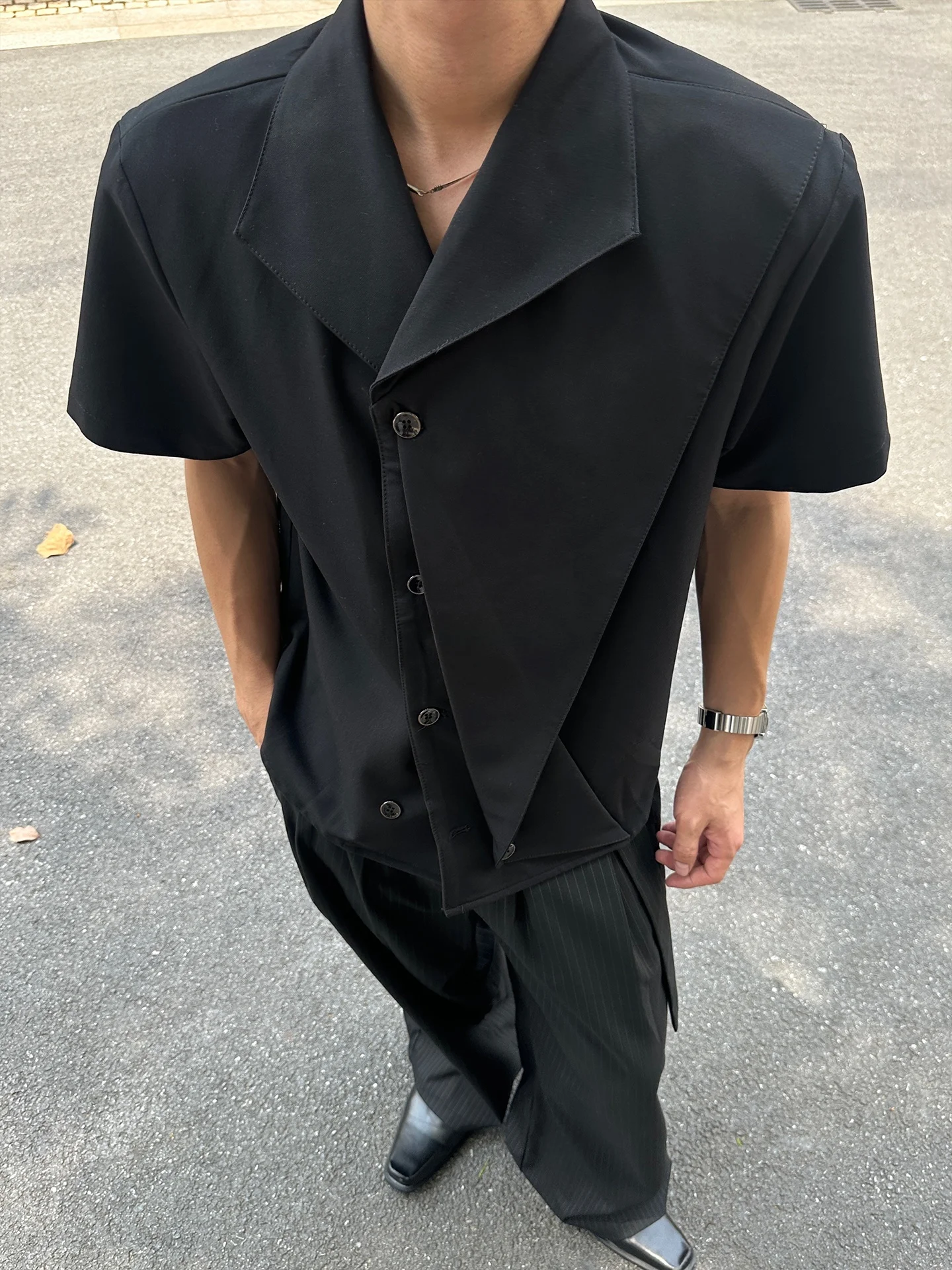 Casual Short Sleeve Shirt Marthenaut Deconstructed Button Front Folded Collar Asymmetrical 3D Open Cardigan Polyester Cotton ...