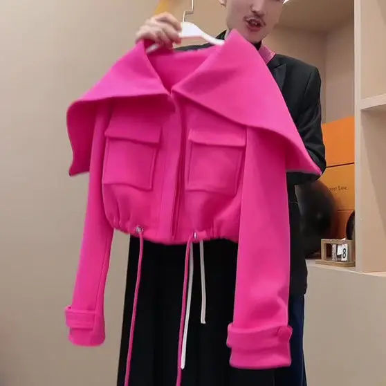 Design sense, large lapel, drawstring short jacket for women, 2024 spring new fashion, small and chic, street top