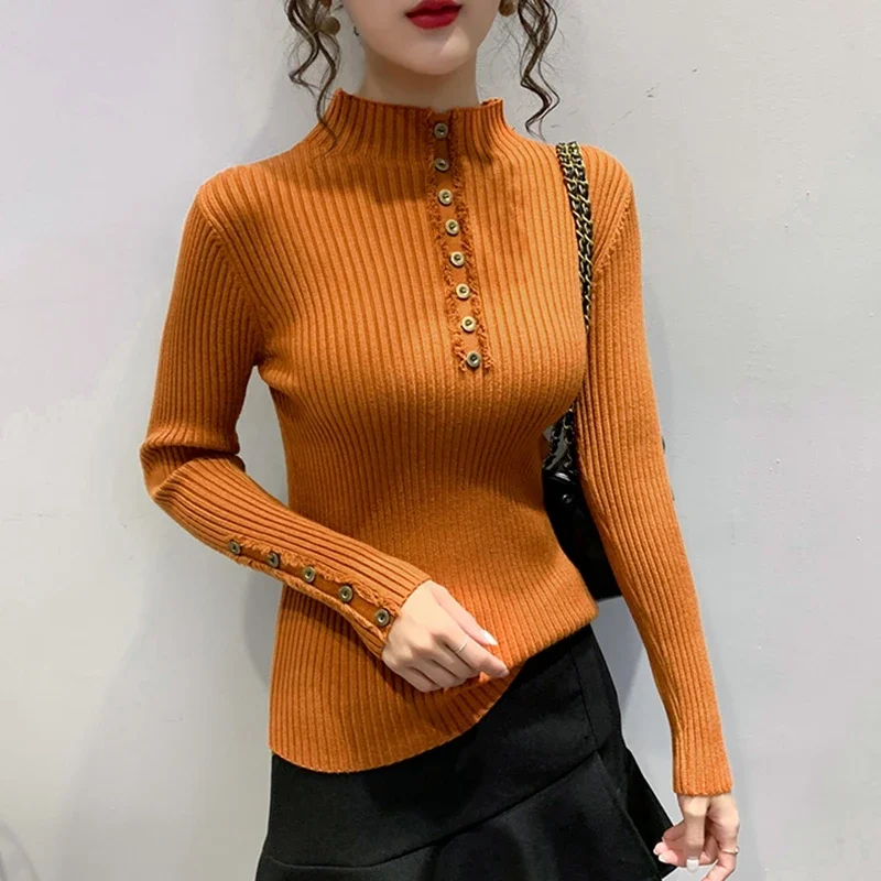 Women Buton Winter Pullovers 2024 Fashion Casual Long Sleeve Sweaters Korean Clothes Slim Sexy Elegant Basic White Black Sweater