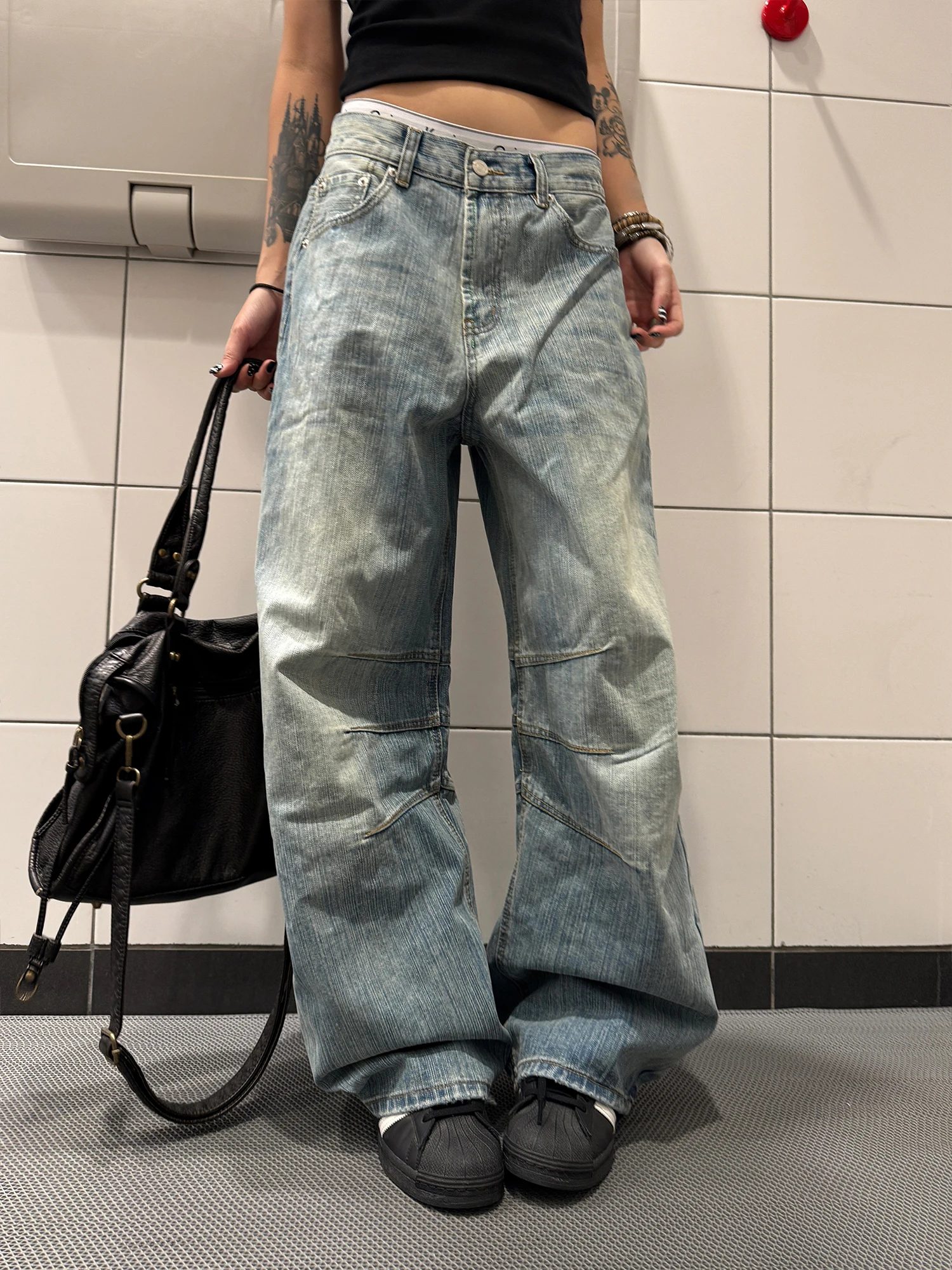 Retro American Bamboo Texture Folded Knife Jeans Wide Leg Men's Cleanfit Denim Pants Casual Wear Resistant Stretch Fabric