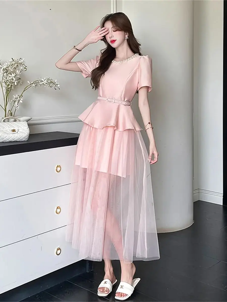 

Solid Splice Fake Two Satin Formal Occasion Dress Women's Beaded Short Puff Sleeve Mesh Hem Patchwork Long Birthday Party Dress