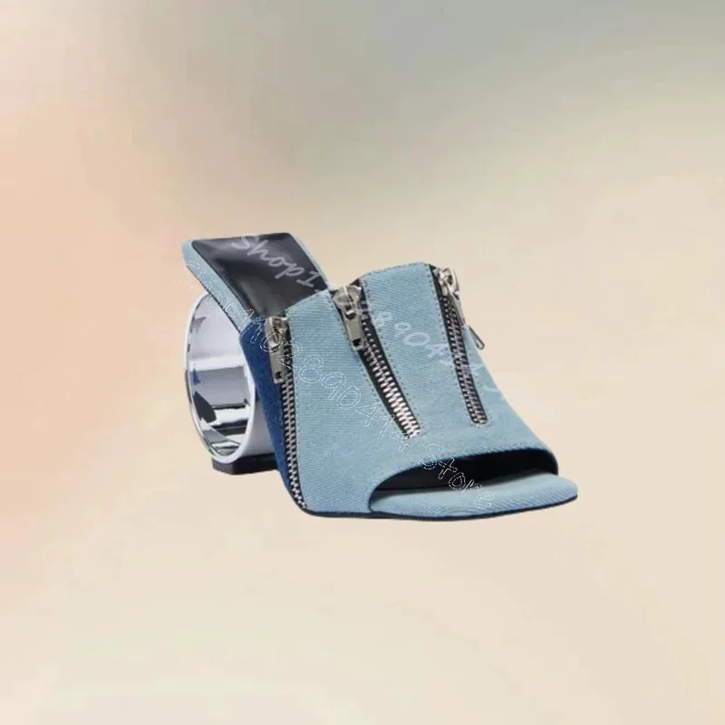 

Blue Denim Zipper Decor Strange Style Heels Slippers Slip On Women Shoes Open Toe Party Banquet Dating 2025 Zapatos Para Mujere
