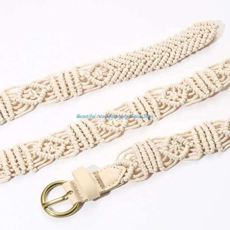 

E56A French Women Waist Belt with Pin Buckle Bohemian Hand Weaving Belt