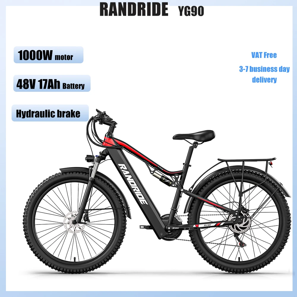 RANDRIDE VTT électrique YG90 48V 17Ah avec batterie amovible suspension intégrale roues de 27.5 pouces et 21 vitesses freins hydrauliques pour adultes