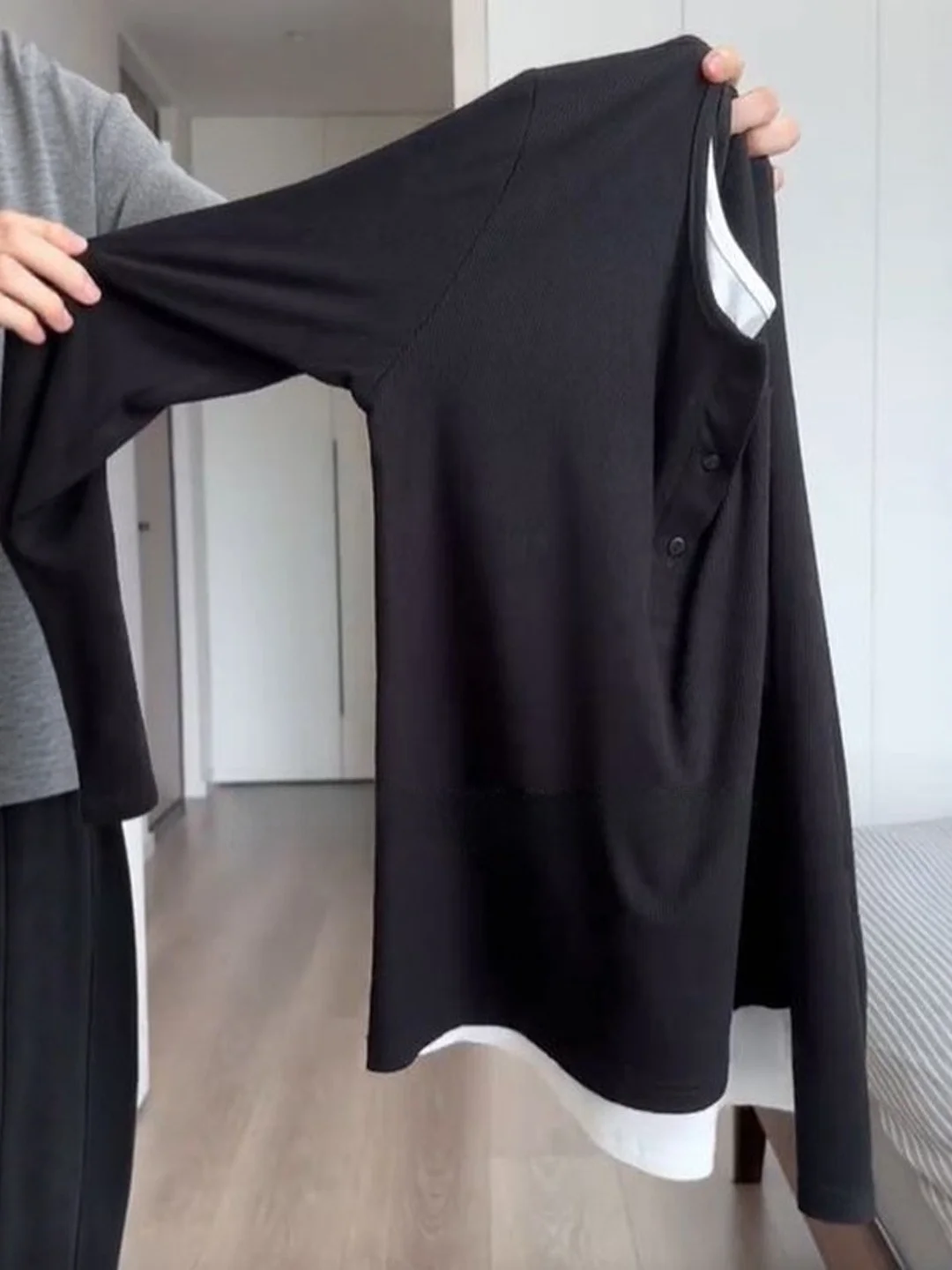 plus Size Color Block Long Sleeve T-Shirt Women's Autumn Base Shirt Top Slimming Effect Korean Style Creative Pattern