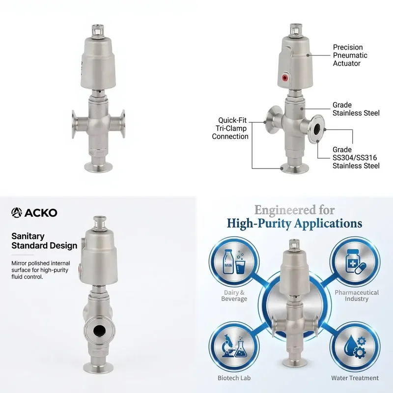 ACKO Sanitary Pneumatic Quick Install Three Way Angle Seat Valve 304/306 Stainless Steel Hygienic Water Flow Control