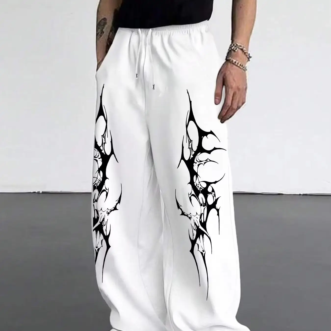 Gothic Tattoo Print Men's Casual Sporty Loose Straight Leg Trousers, New Style for All Seasons, Streetwear men pants