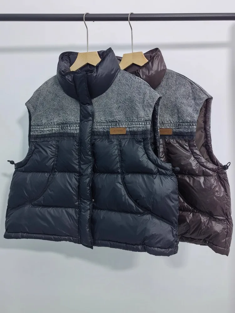 

Women's Down Vest Fashion Y2k Denim Patchwork Street Coat Winter New Casual Loose Thicken Warm Waistcoat White Duck Puffer Tank