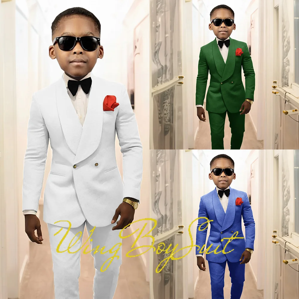 White Boys Wedding Tuxedo Kids Suit 2 Pieces Double Breasted Jacket Pants Floral Pattern Custom Clothes