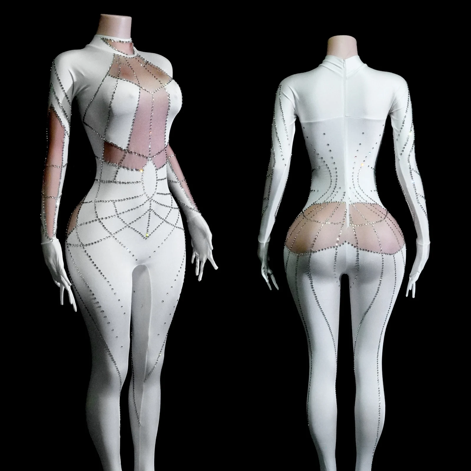 

Shiny White Cobweb Rhinestone Elastic Jumpsuit Stage Performance Dancewear Show Performance Rave Nightclub Bar Drag Queen Outfit