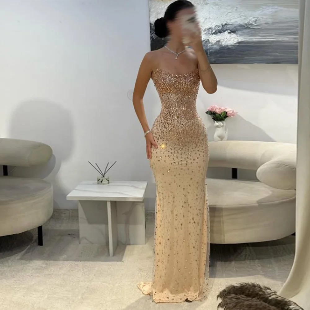 Вечерние платья без бретелек по индивидуальному заказу, длинное платье для выпускного вечера без рукавов со стразами и бисером, изысканное прямое вечернее платье