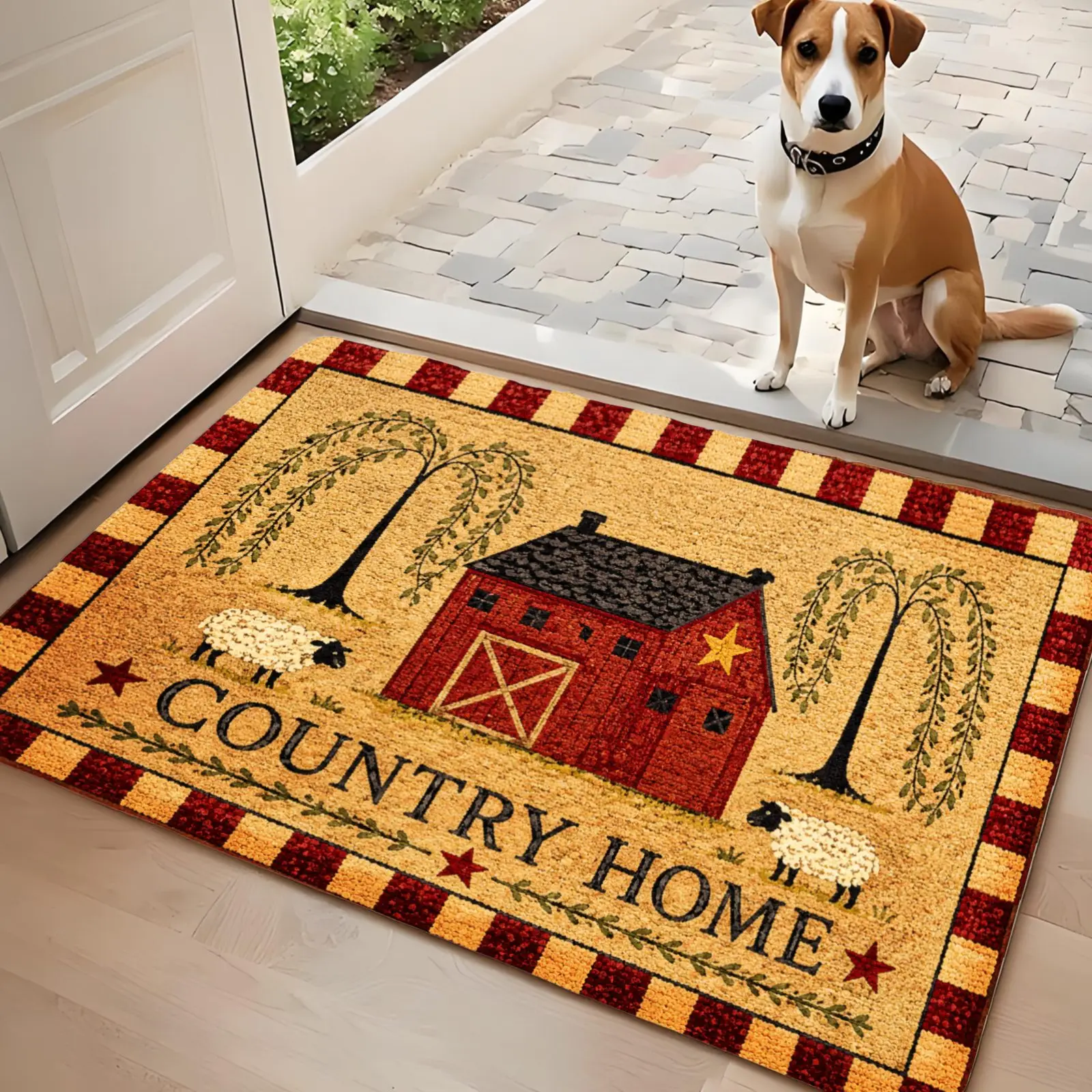 3PCS Kitchen Rugs,Home Decoration for Front Door, Kitchen, Bathroom, Country Home Barn Star Corn Pattern Dining Mat