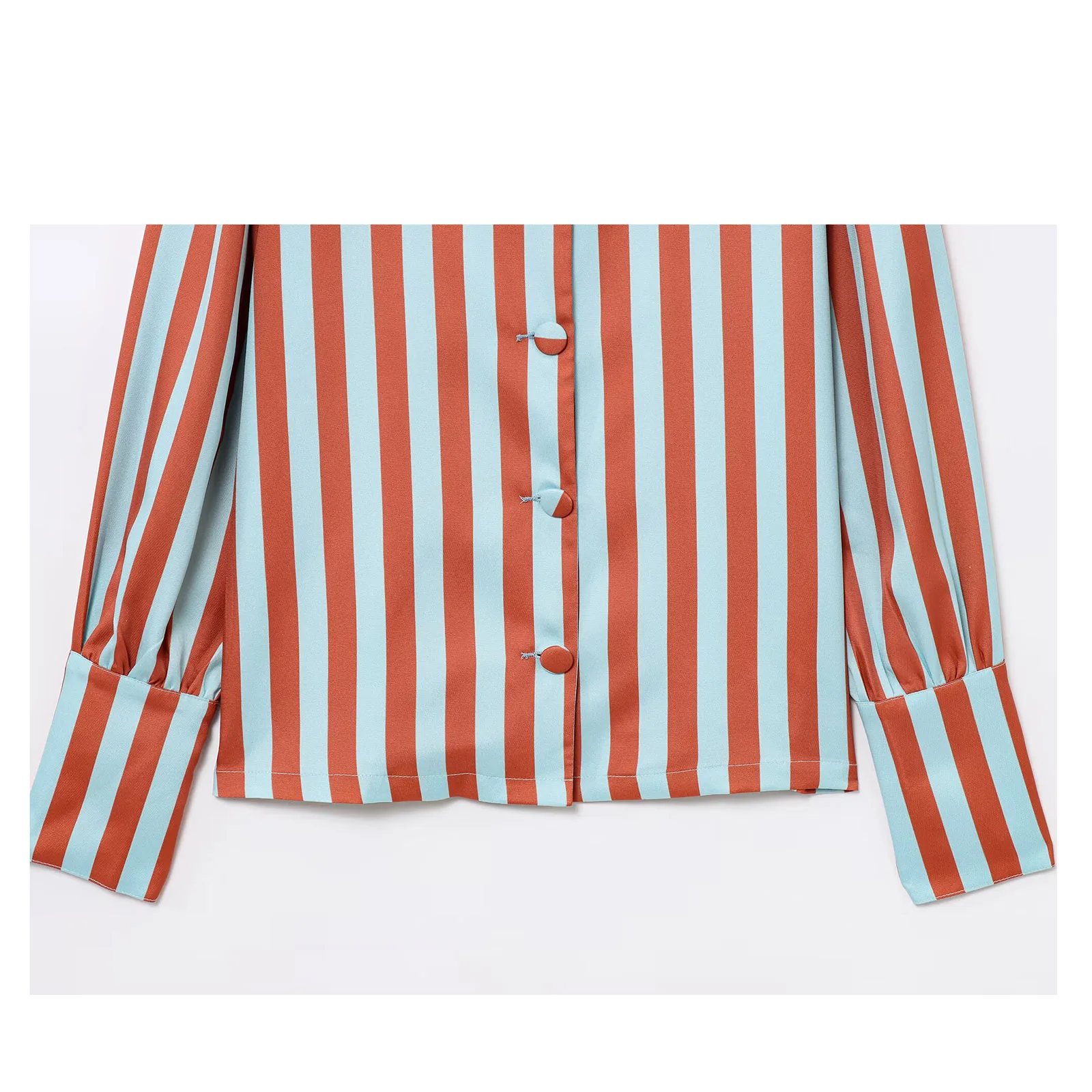 2025 Primavera Verano blusa a rayas para mujer cuello redondo manga larga manga de burbuja con botones camisa Tops elegantes de moda