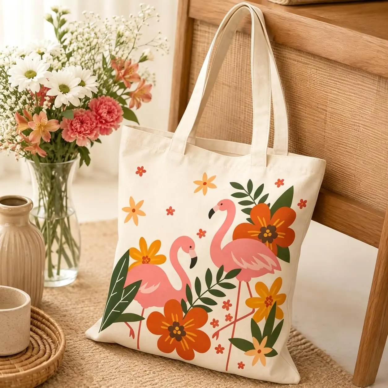 Vacation Themed Tote Bag Flamingos and Forests Prints Large Capacity Multifunctional Shoulder Bag Fashion Travel Shopping Bags