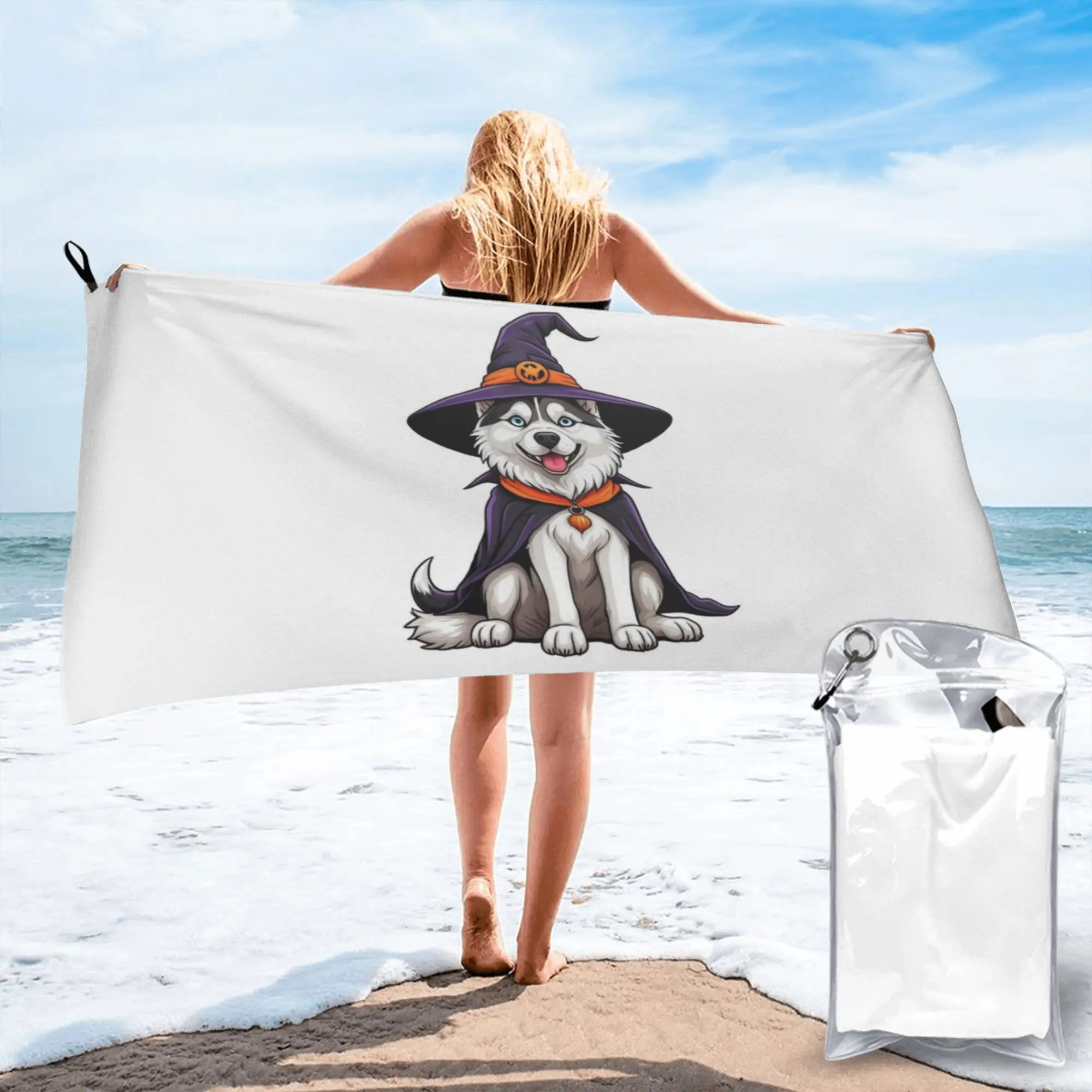 Siberian Husky Halloween Witch Decor Dog Lover Gift Beach Towel Soft Microfiber Quick Dry Absorbent Quick Towels For Yoga