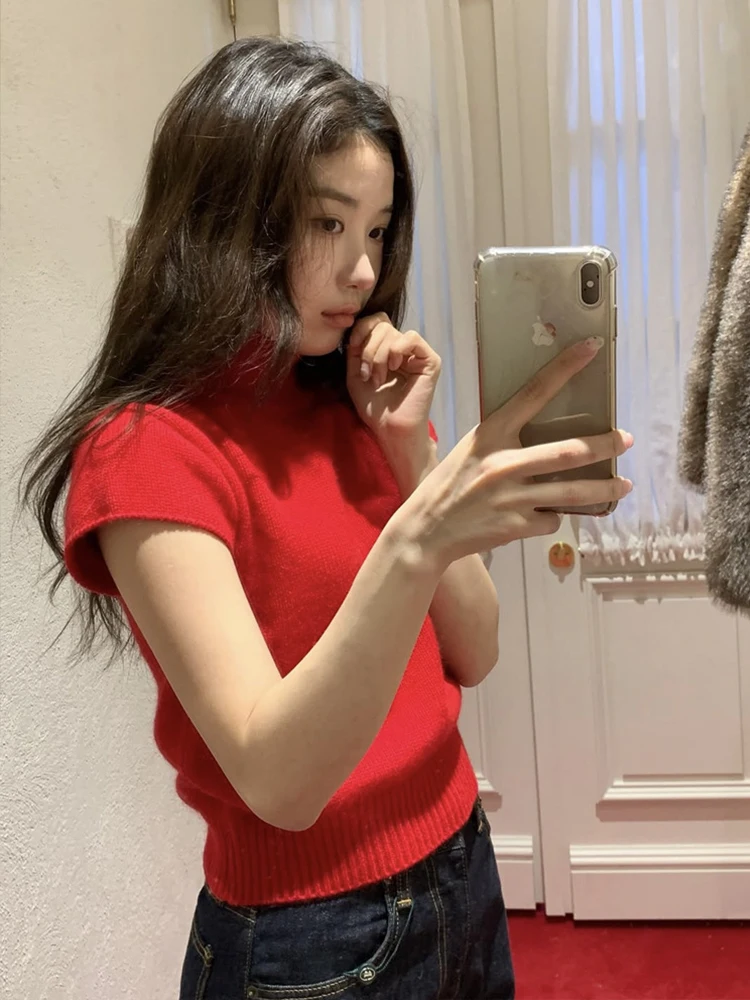 

Red High Collar Knitted ort Sve T-irt with Elastic Waist A-Line Skirt Women's Spring Faion Simple Sle Pure Color