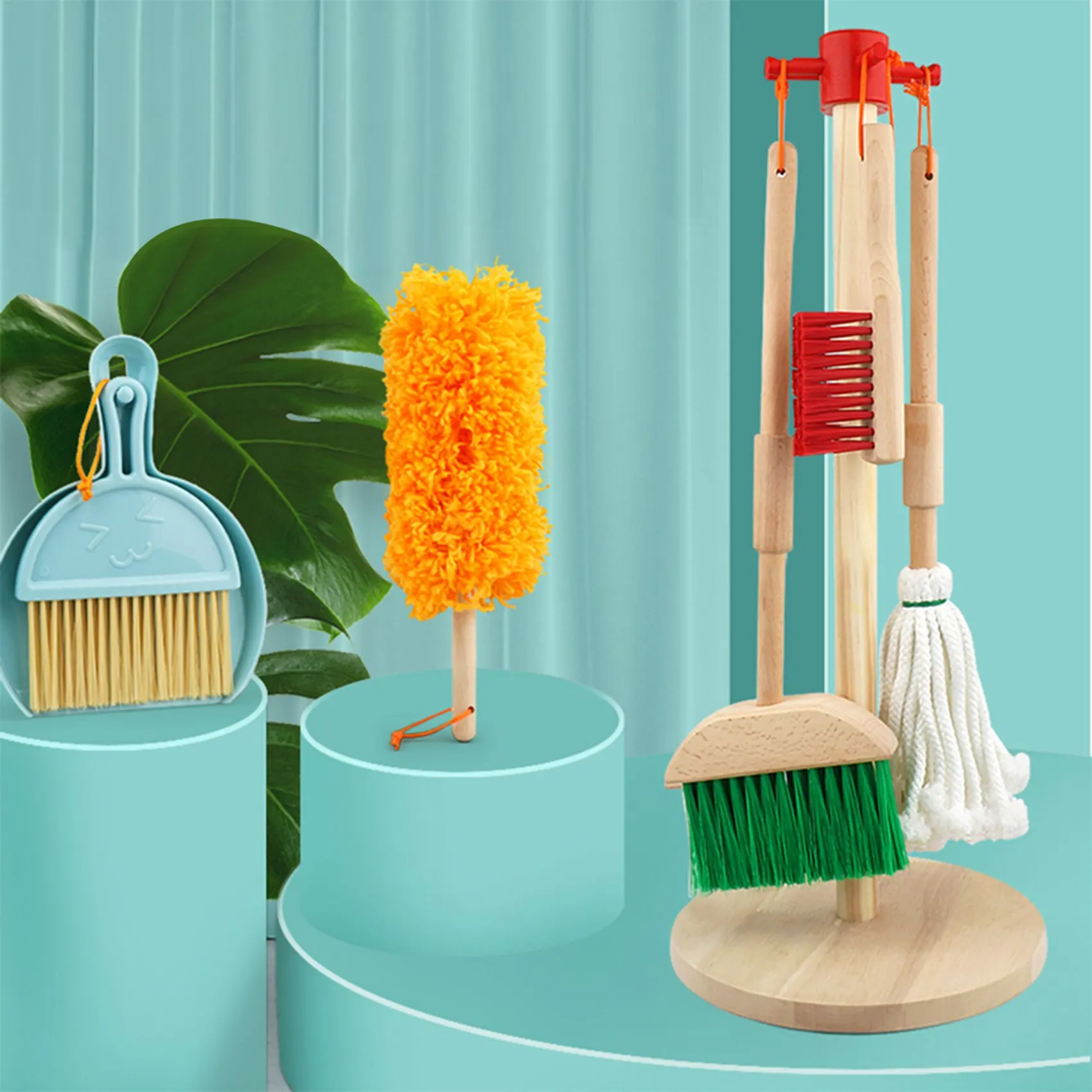 A84F-6 Pcs Children Pretend Play Wooden Broom Mop Cleaning Tool Brain-Training For Kids Educational Learning