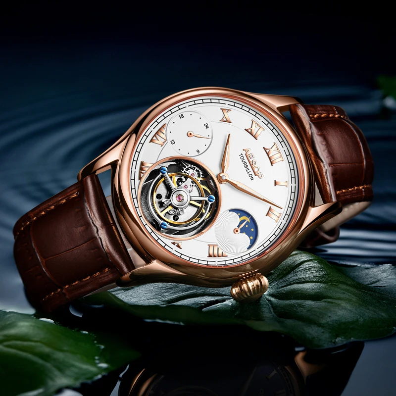 Aesop jam tangan mekanis pria, arloji Tourbillon Manual gerakan modis multifungsi Dial Stainless Steel kulit safir 7020