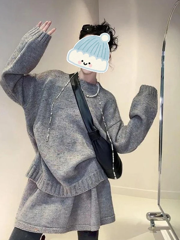 

Свободный крой, круглый пуловер, свитер, повседневная юбка с высокой талией, комплект из двух предметов, женская весенняя коллекция Faion