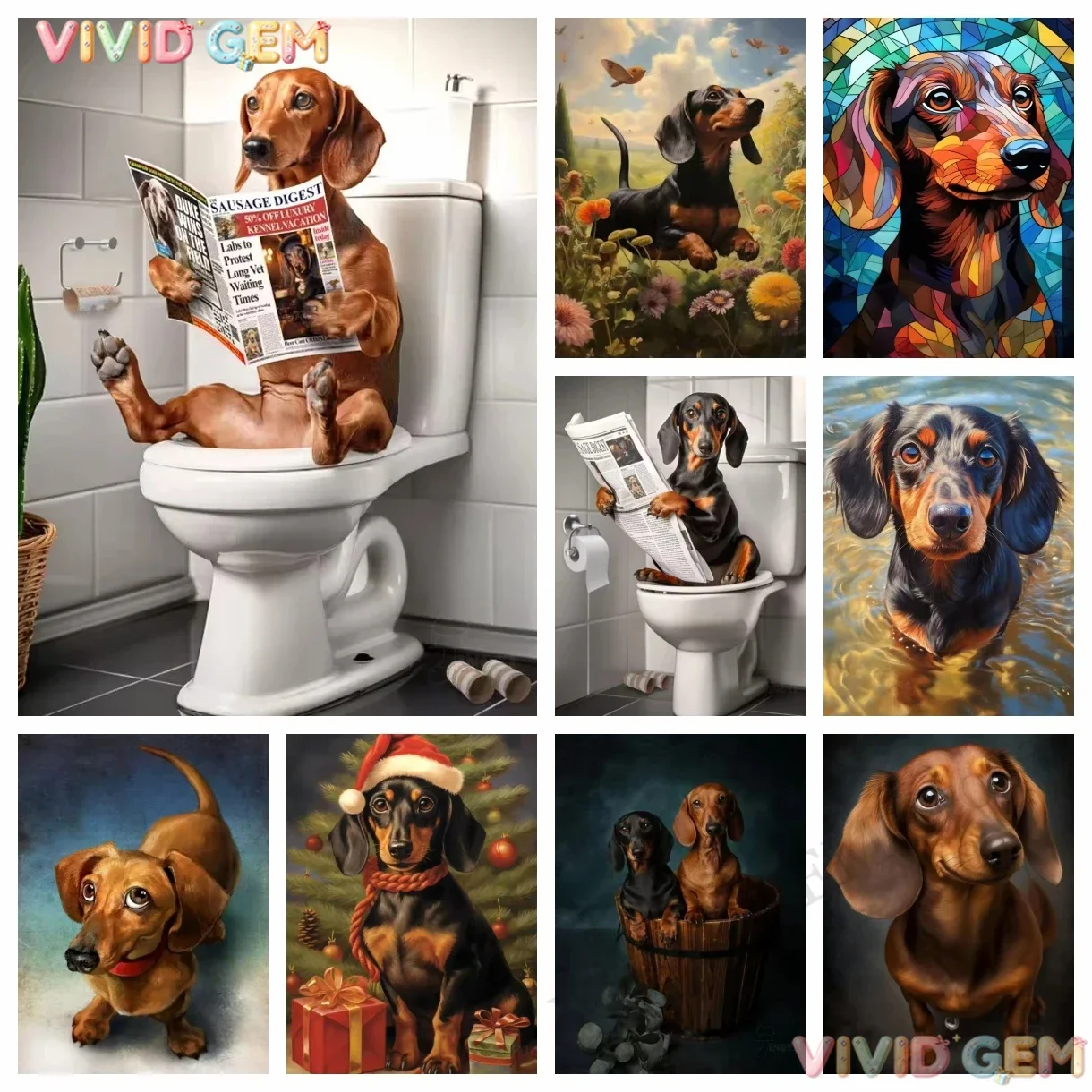 VIVID GEM Dachshund 5D Diamond Painting Cute Pet Dog Art Mosaic Portrait DIY Diamond Embroidery Room Home Decor Art Rhinestone