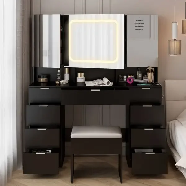 Large 3-Opening LED Light Vanity Table Set with Storage Drawers Stool Full Black Makeup Vanities Cushioned Shelves for Bedroom
