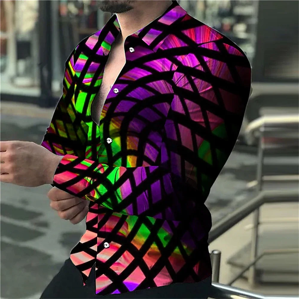 Summer designer designs patchwork gradient 3D printed lapel men\'s shirts, fashionable and high-quality long sleeved clothing