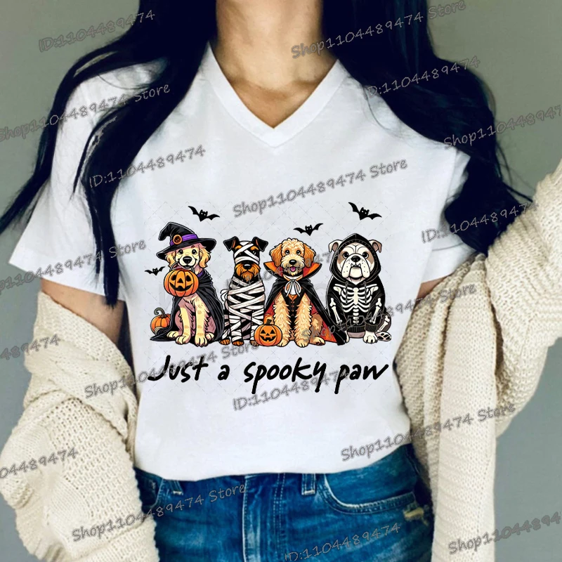 

Cartoon Dogs Just A Spooky Paw T-shirts Women Happy Halloween Tshirts Short Sleeve V Neck Spooky Season Halloween Streetwear