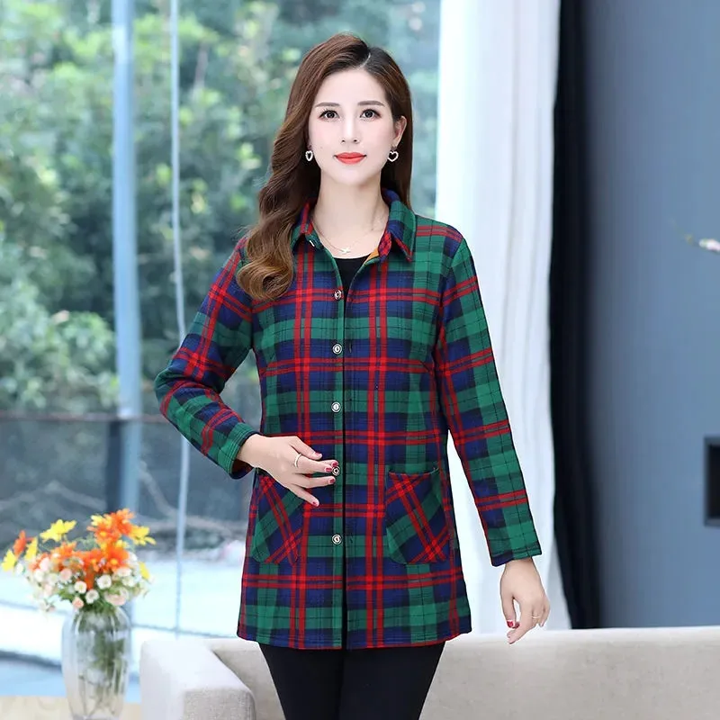 Spring Autumn Winter Fashion Warm Plaid Shirt Middle-Aged Elderly Women's Clothing Coat 2024 New Thick Long Sleeved Shirt Jacket