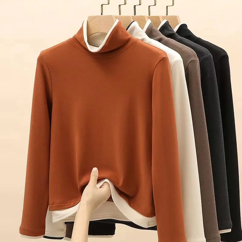 2024 New Autumn Winter Patchwork Fake Two Pieces Women Pullovers Turtleneck Long Sleeve Vlevet Thermal Tops Bottoming Shirts