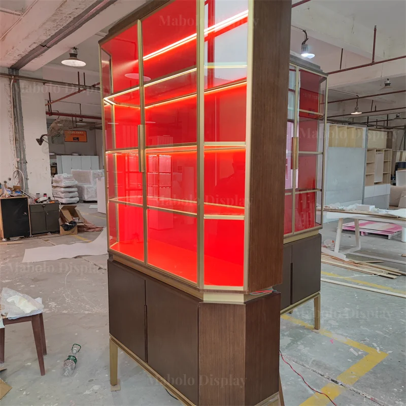 Custom Wine Cabinet Luxury Display Storage Wood Showcase Glass Doors LED Perfume Bag Showroom Modern Vintage Salon Display Shelf