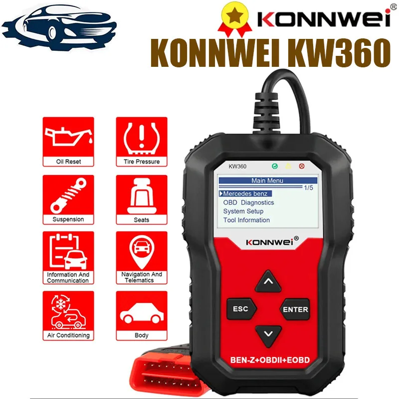 

KONNWEI KW360 Obd2 Car Scanner Obd 2 Auto Diagnostic for Mercedes-Benz Full Systems Diagnostic Tool W212 ABS Airbag Oil Reset