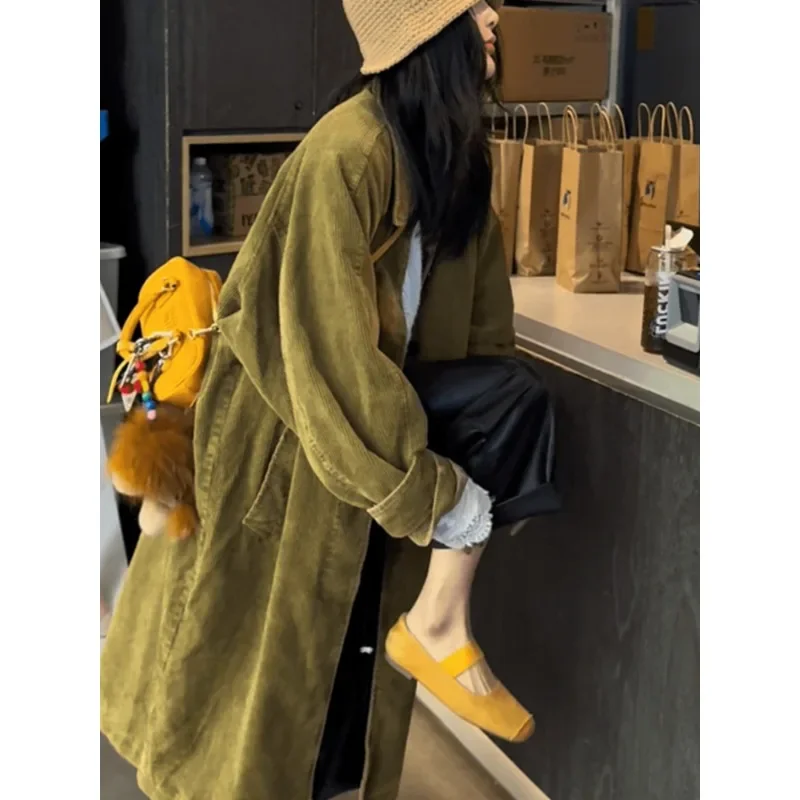 Vintage sztruksowe trencze damskie Casual Y2k odzież koreańska moda amerykańska kurtka retro z lat 2000-tych płaszcze znosić jesień