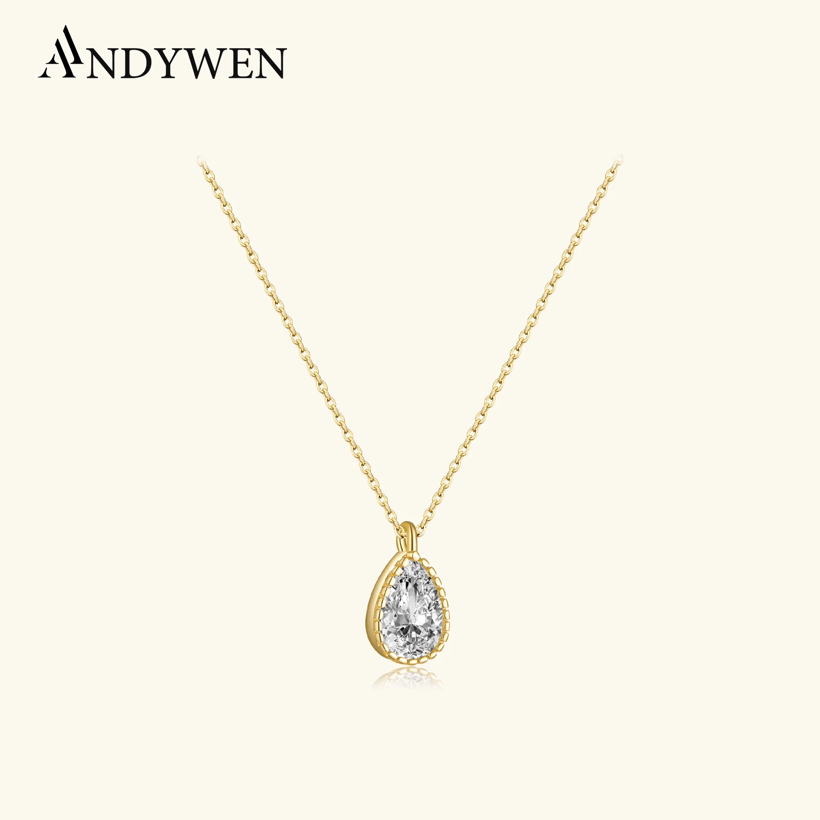 ANDYWEN 925 Sterling Silver Gold Ovals Wisiorek Naszyjnik 4 * 6mm Luksusowy wisiorek ZIrcon CZ Charm Wisiorek 40cm Łańcuch Naszyjnik Biżuteria Prezent